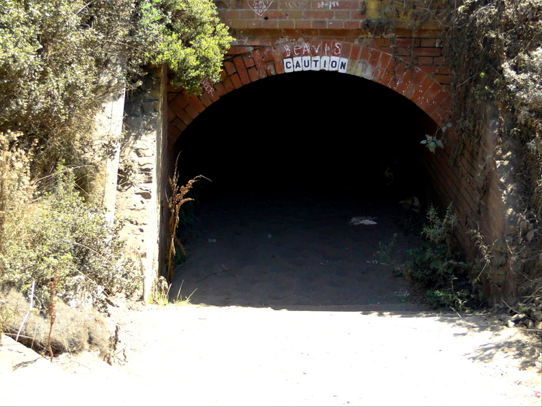 An overgrown and vandalized tunnel entrance, with graffiti and a partially obscured street sign. The setting suggests an urban environment that has fallen into disrepair. DSC09176.JPG