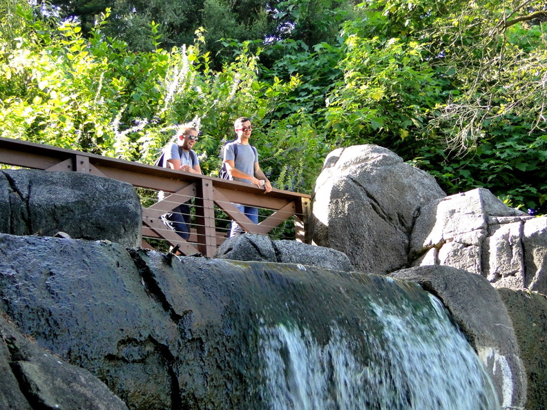 This image captures a serene moment in nature, featuring two individuals taking a break on a wooden bridge overlooking a waterfall. They appear to be enjoying the peaceful surroundings and perhaps contemplating the natural beauty around them. DSC09384.JPG