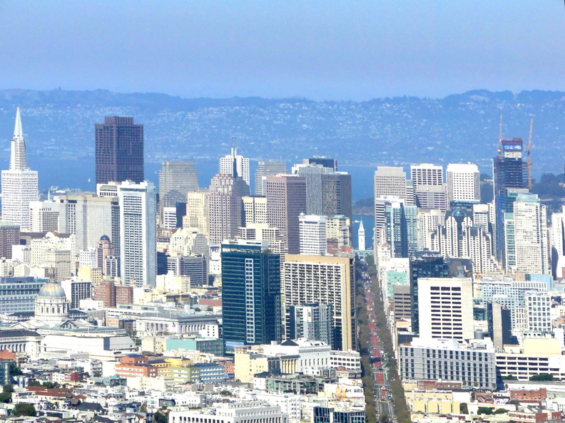 Aerial view of the vibrant cityscape of downtown San Francisco, California. The image captures iconic landmarks and neighborhoods like the Golden Gate Bridge, San Francisco International Airport, and a variety of architectural styles that characterize the Bay Area. DSC09492.JPG