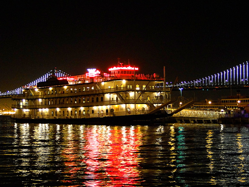 San Francisco Ferry Building at Night: Cruise Ship Sail