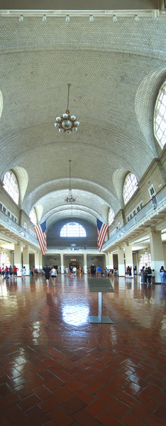 Vast Domed Ceiling of a Hall with American Flag