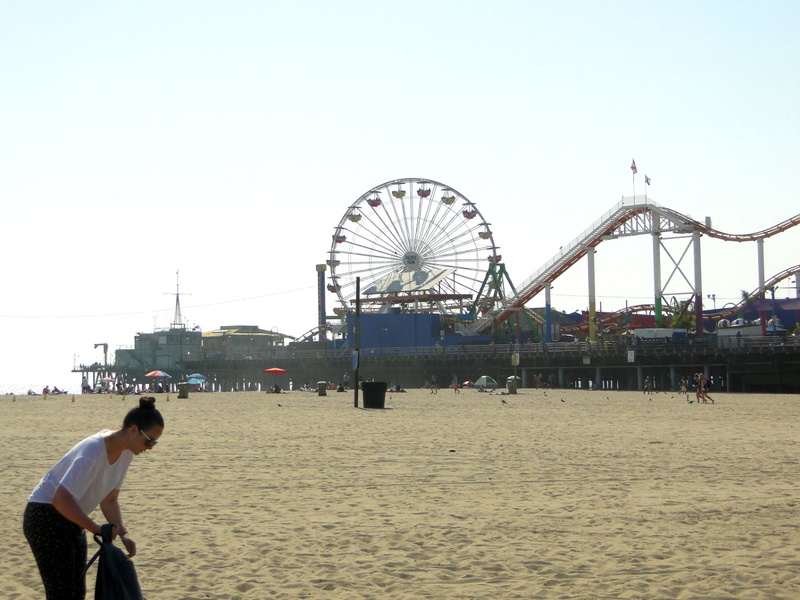 A Tranquil Beach Scene with Amusement Park in the Background