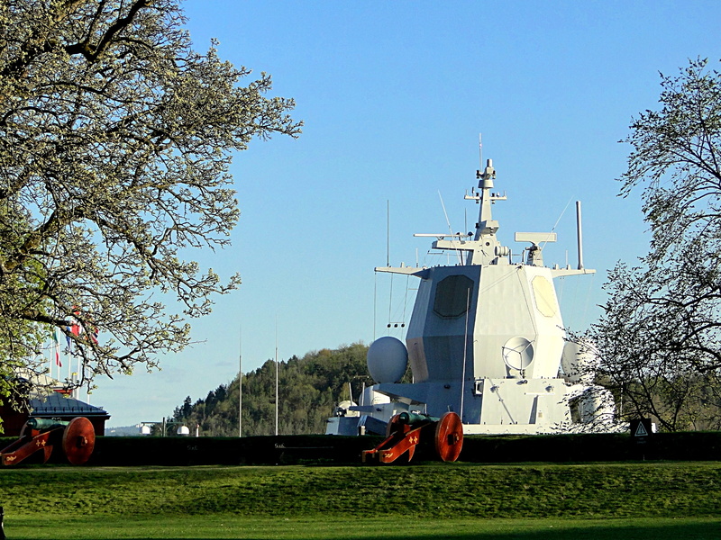 Defense Vessel Stationed Near a Golf Course Amidst Nature