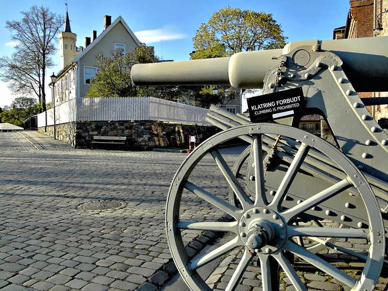 Historic Military Cannon on Display in a European Old Town