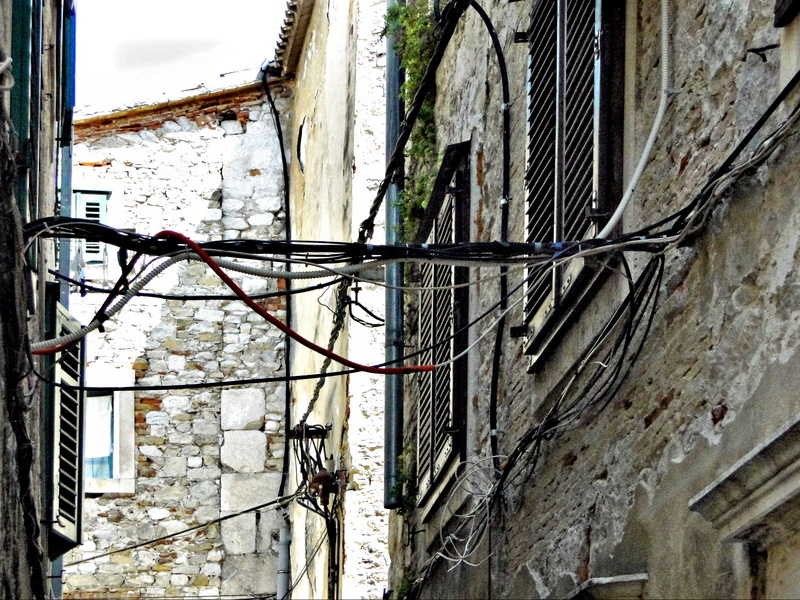 A Narrow Street with Power Lines in Split, Croatia