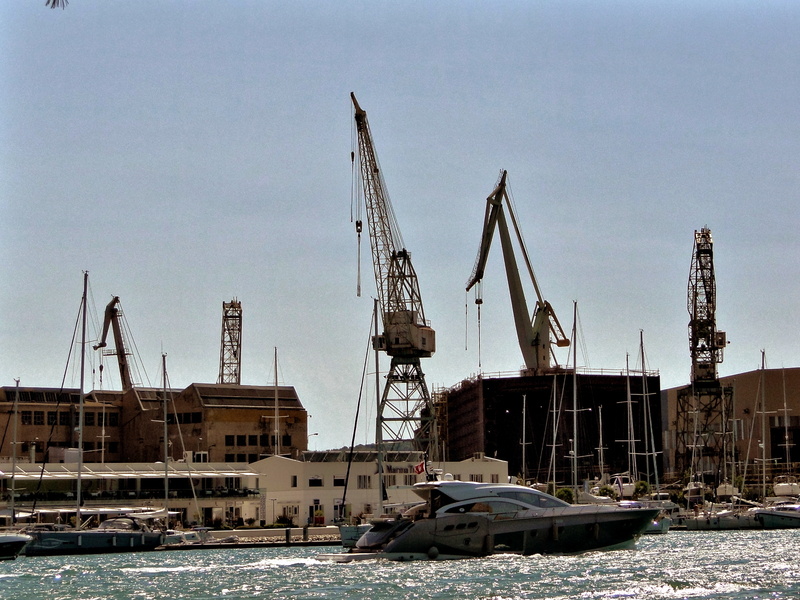 Industrial Port Scene with Construction and Maritime Activities