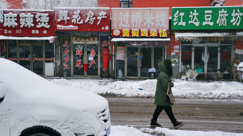 This image captures a serene winter scene on a street in Shenyang, China. Snow has covered the ground, and the cold weather is evident from the attire of the person walking down the street. The business signs suggest that this area could be a commercial district, possibly with restaurants or shops nearby. Vehicles parked along the street indicate the presence of activity despite the harsh conditions. The overall atmosphere is calm and quiet, typical of a winter day in a city experiencing snowfall. DSC07299.JPG