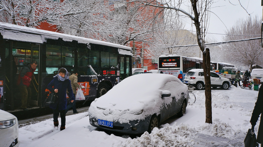 A Bus Stop Amidst a Snowy Day in Shenyang, China