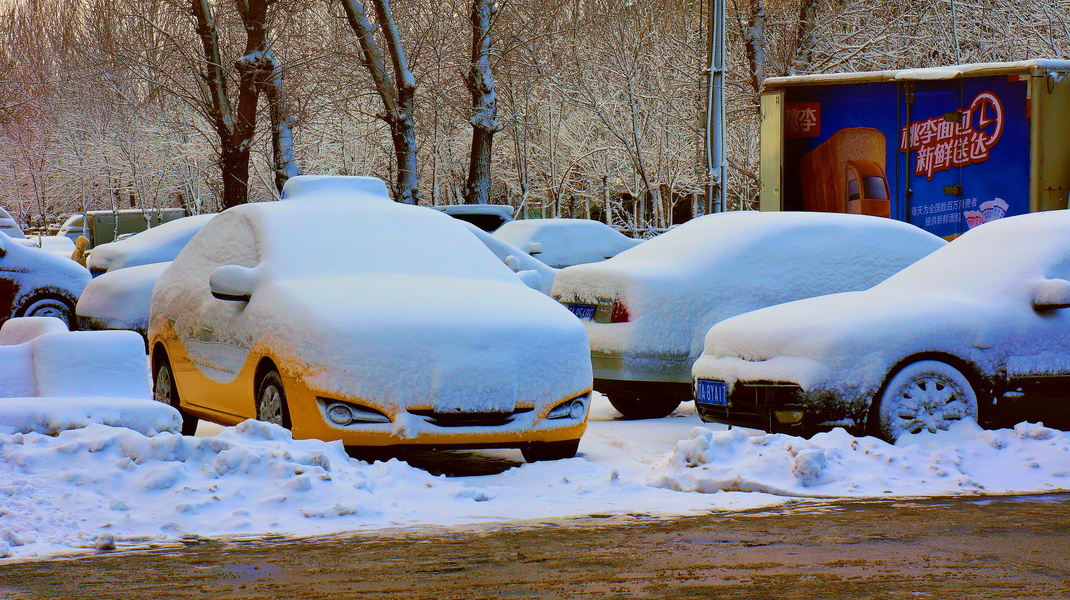 Snowy Scene in a Parking Lot