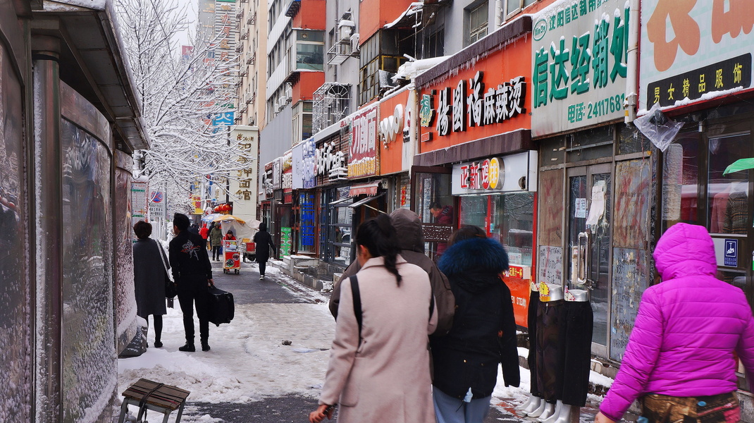 Busy Chinatown Street Amid Snowfall
