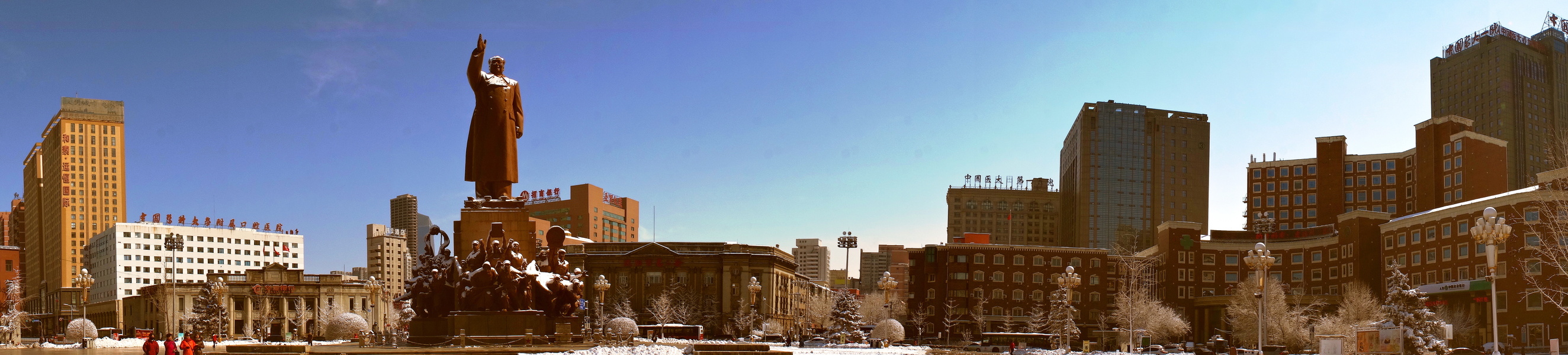 Modern Downtown Skyline with Statue of Liberty-like Structure