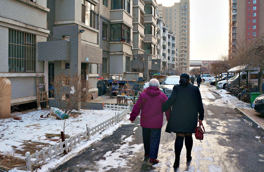 Two Individuals Strolling on an Icy, Wintery Day in Shenyang, China