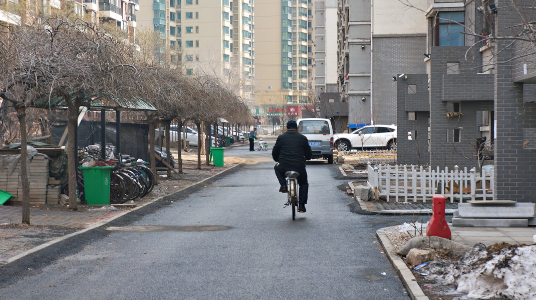 A lone cyclist on a quiet street