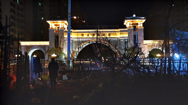 This image captures a beautiful night scene at the Shenyang Bridge in China. The bridge is illuminated with colorful lights and features a grand archway that stands out against the dark sky. People can be seen walking along the walkway on the left side of the bridge, enjoying the festive atmosphere. In the background, there are buildings and lights, adding to the vibrant cityscape. The perspective of the photo is from ground level, providing an interesting viewpoint of this iconic landmark. DSC07615.JPG