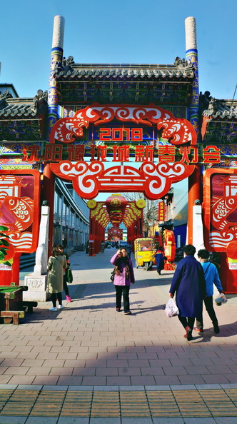This image captures the lively atmosphere of a street festival in Shenyang, China. The traditional red lanterns and intricate decorations give a sense of cultural celebration. People are strolling around the area, enjoying the festive ambiance. The market stalls offer a glimpse into local shopping experiences. DSC07753.JPG