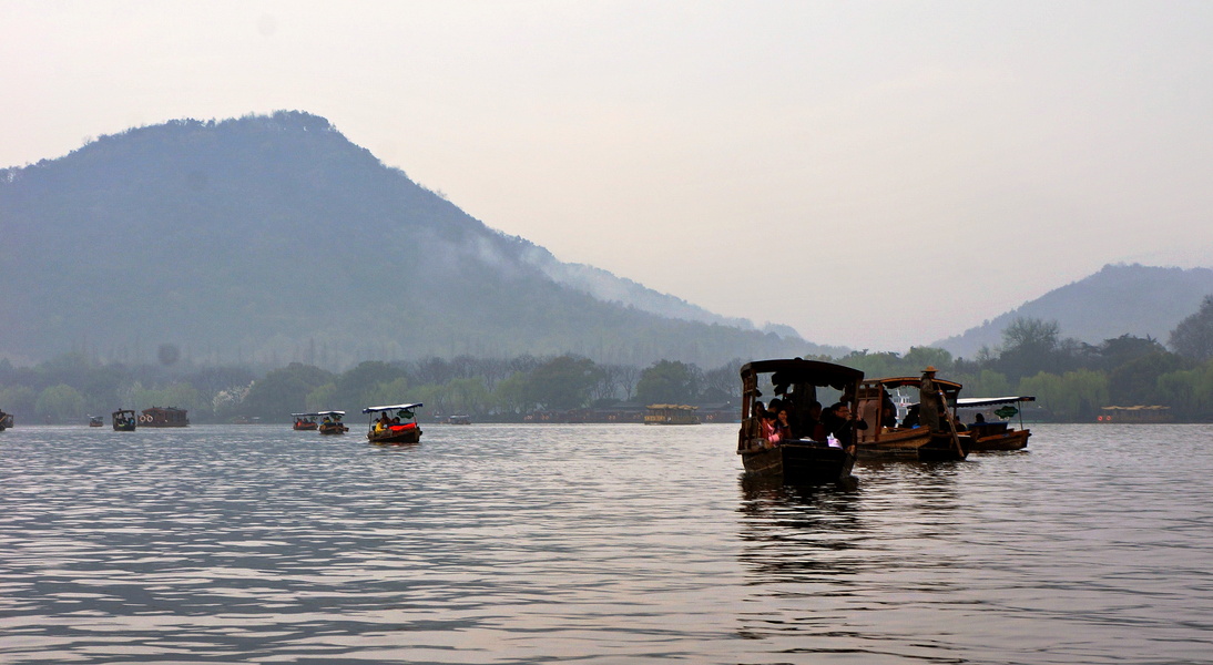 A Tranquil Scene of a Lake with Boats, Hangzhou