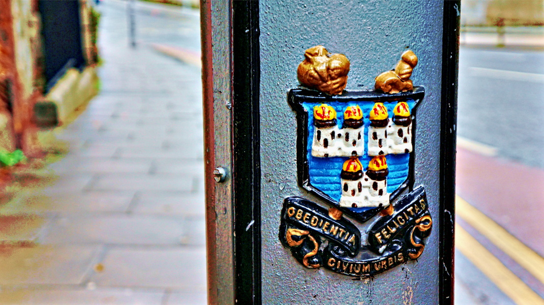 City Street Sign with Coat of Arms Design