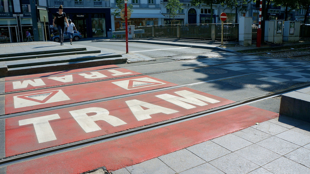 Tram Stop Sign with Safety Markings, Brussels