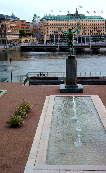 Stockholm Waterfront Fountain with Statue