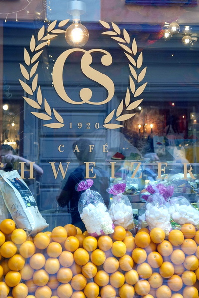 Fresh Fruit Display in a European Cafe Shop Window
