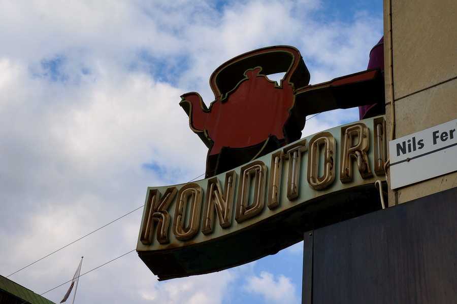 A colorful sign for a konditori in Stockholm, Sweden