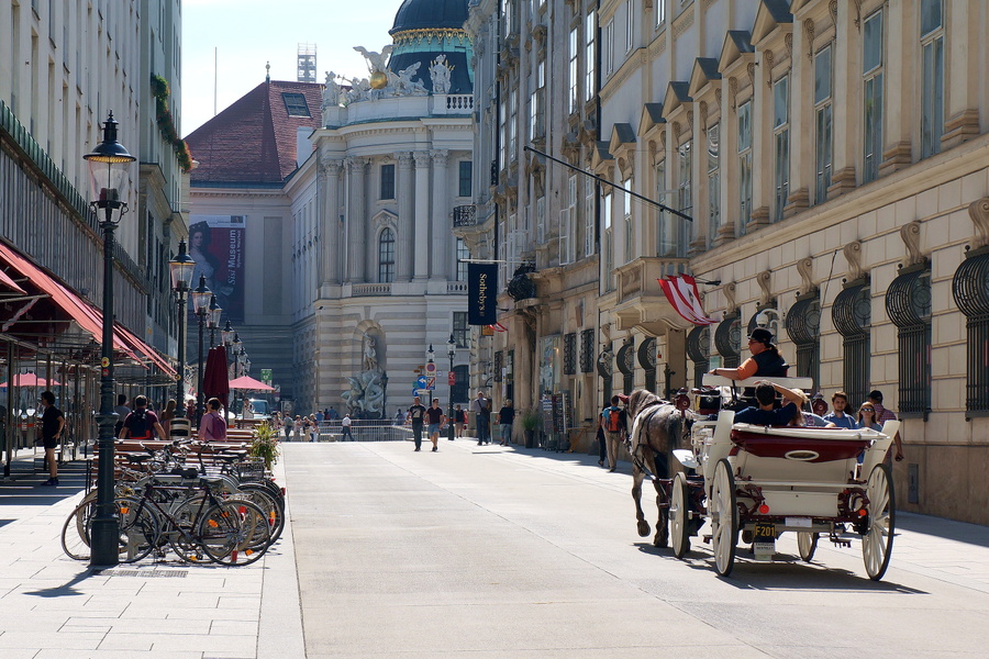 Vienna's historic charm: Horse-drawn carriage on a cobblestone street amidst European cityscape