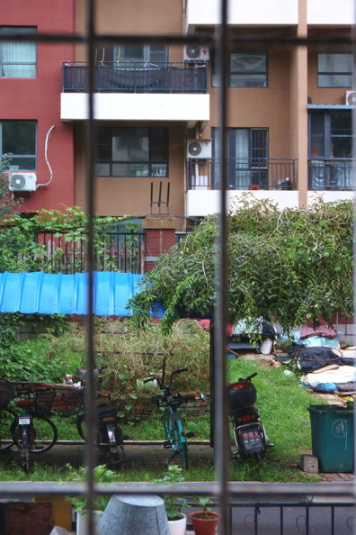 This image captures a serene, urban scene. From a window with bars, we look out onto a quiet street lined with residential buildings. The view is framed by the glass, which gives an interesting perspective on the outdoor environment. On the right side, there's a hint of greenery, adding a touch of nature to the otherwise urban setting. DSC00883.JPG