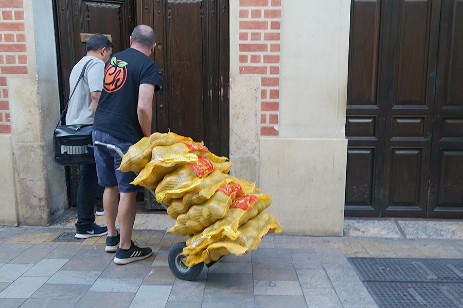 Man transporting yellow bags with wheelbarrow