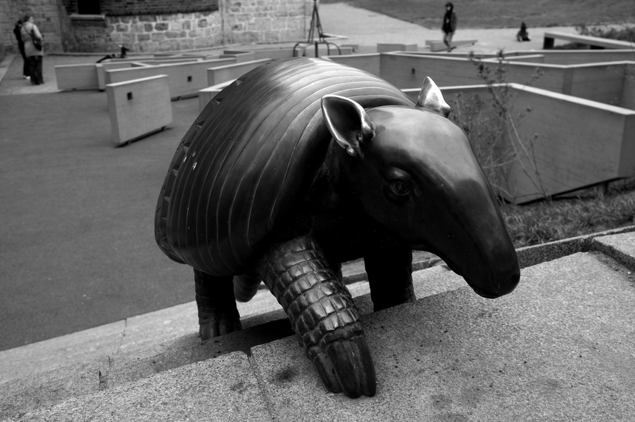 Metallic Mammal Sculpture in an Urban Setting