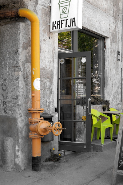 Café Entrance with Exposed Pipes, Riga, Latvia