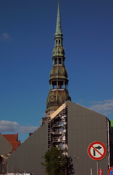 Construction in progress at a historic church in Riga, Latvia