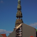 Construction in progress at a historic church in Riga, Latvia