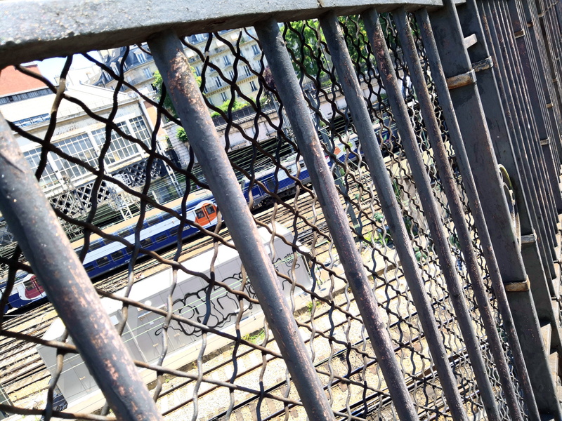 Urban View: A Train Passes Beneath a Bridge