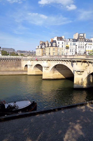 Serene Scene on the Seine: A Narrow Boat Approaches a Bridge in Paris, France