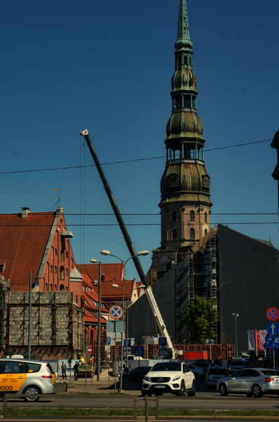 Riga Cityscape with Church Restoration and Scaffolding