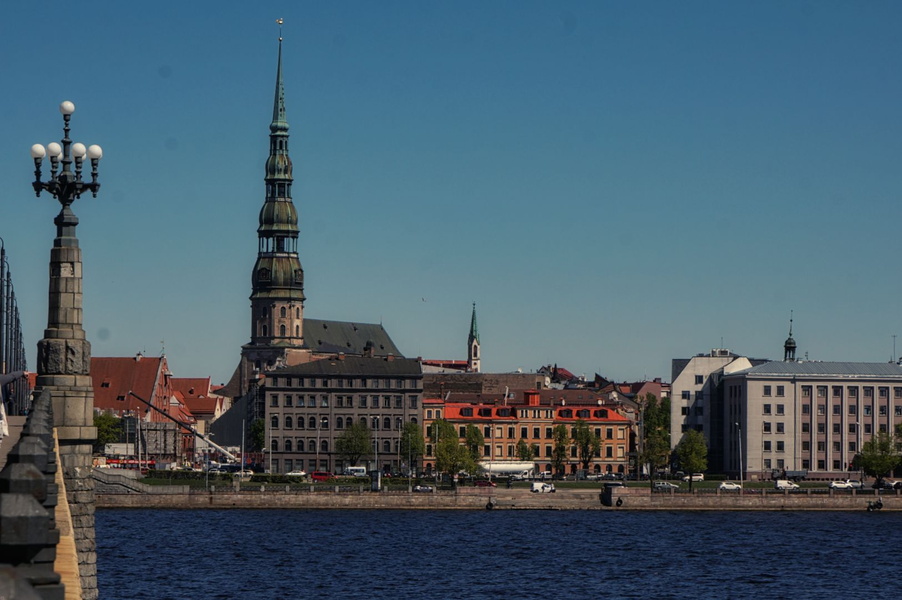 A Skyline Scene with the Spire Tower and Buildings in Riga, Latvia