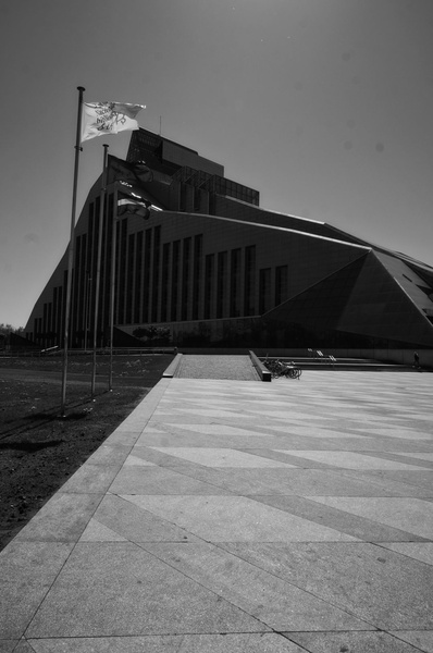 Contemporary Government Building in a Square with Clear Skies