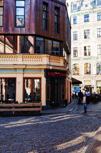 A quaint corner cafe in Riga, Latvia