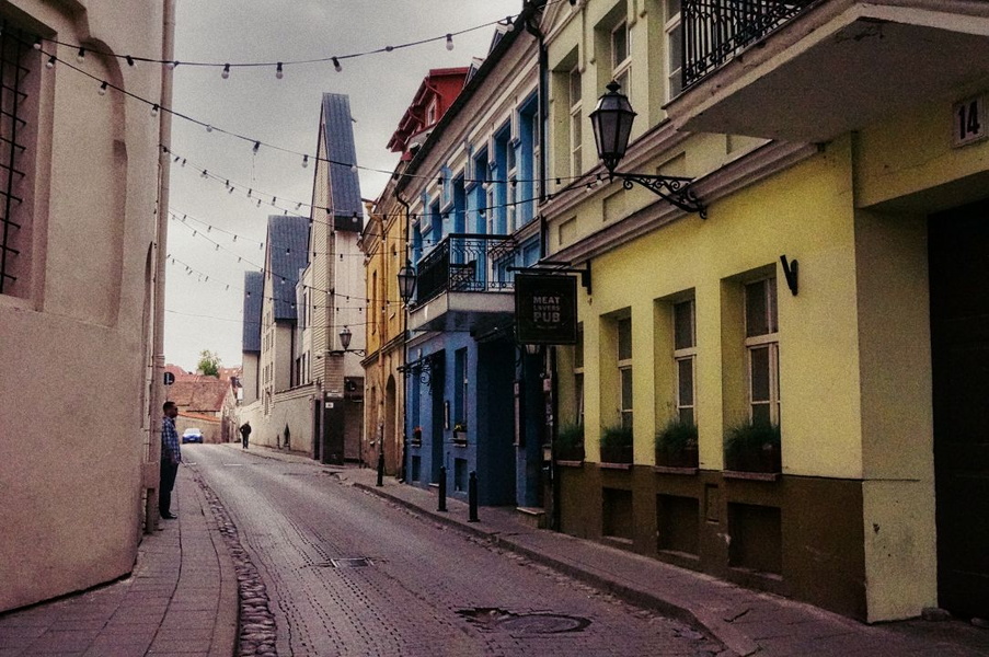 Quaint European Street in Vilnius on a Rainy Day