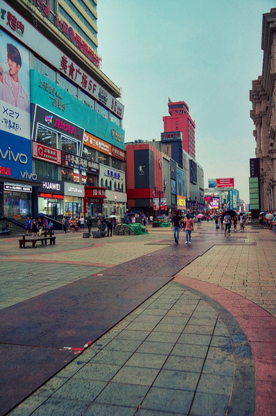 A bustling city street in Shenyang, China