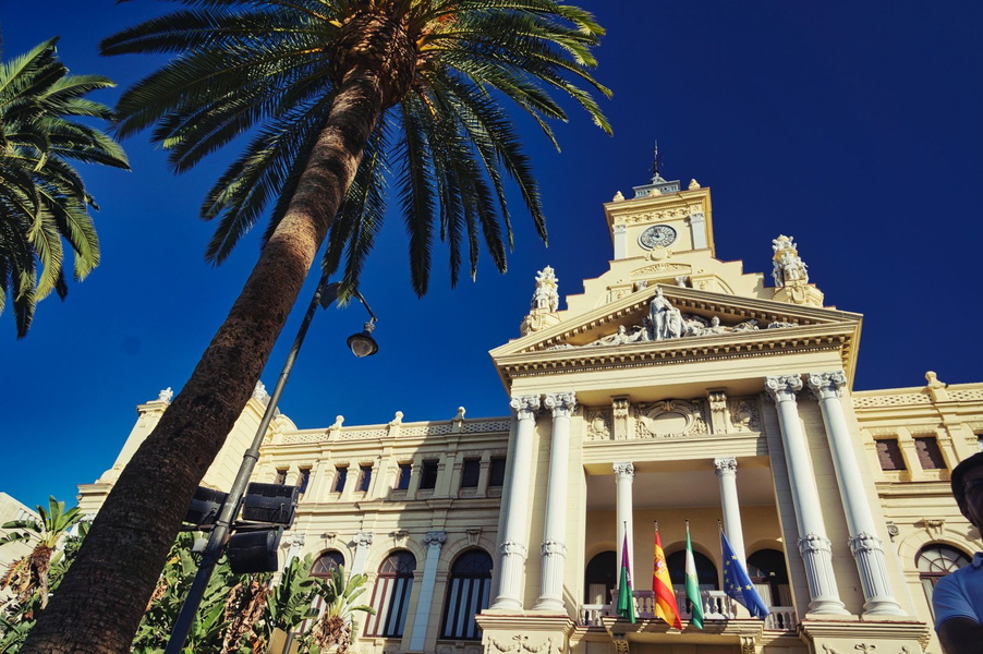 Historic City Hall with Flags in Malaga, Spain