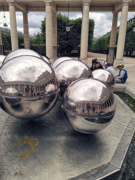 Silver Sphere Sculptures in a European City Square