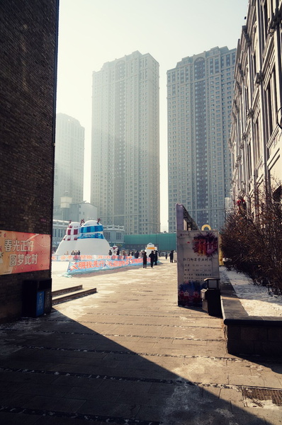 Harbin Cityscape: A Paved Street between Buildings on a Sunny Day