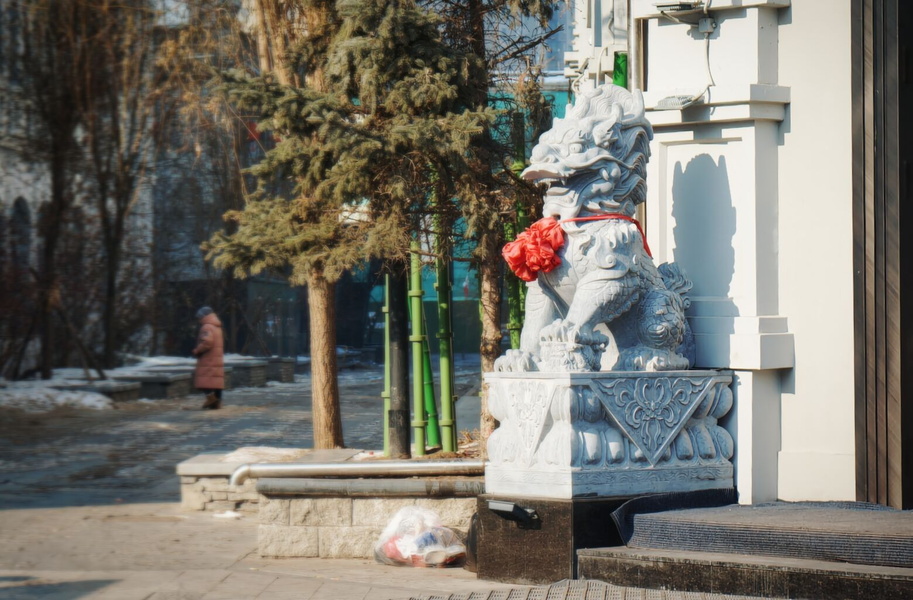 Harbin, China: A Snowy Day at the Park with a Lion Statue
