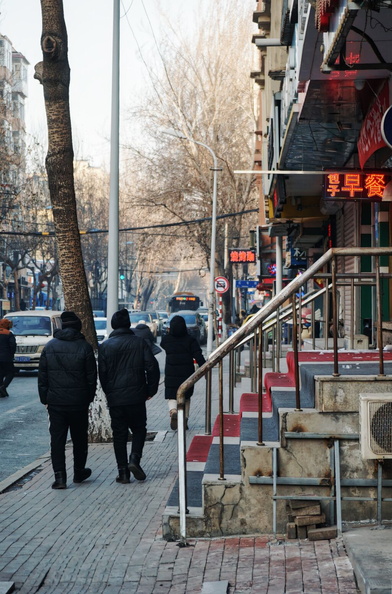 This image captures a vibrant urban scene on a street corner in Harbin, China. The image features a sidewalk with a store front and several individuals walking by. There's a distinctive neon sign, characteristic of many Asian markets, adding to the lively atmosphere. A tree provides a touch of nature amidst the urban setting. The cityscape suggests a bustling area with commercial establishments and pedestrian activity. DSC05064.jpg