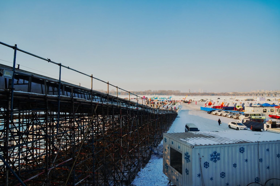 Under Construction in Harbin, China: A Winter Scene at the Railroad Overpass