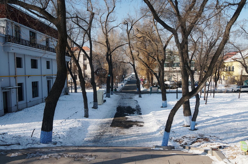 A snowy street in Harbin, China. The road is covered with snow and there are cars parked along the side. The area appears to be a residential neighborhood with buildings lining the street. DSC05272.jpg