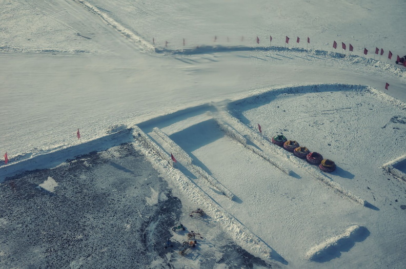 Winter Construction Work in Progress on a Frozen Lake