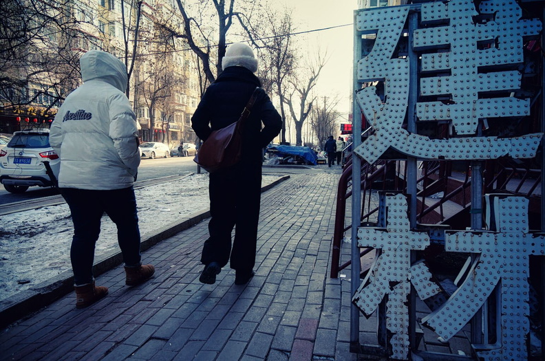 A Winter Day in Harbin, China: People Walking Amidst the Cold and Snow