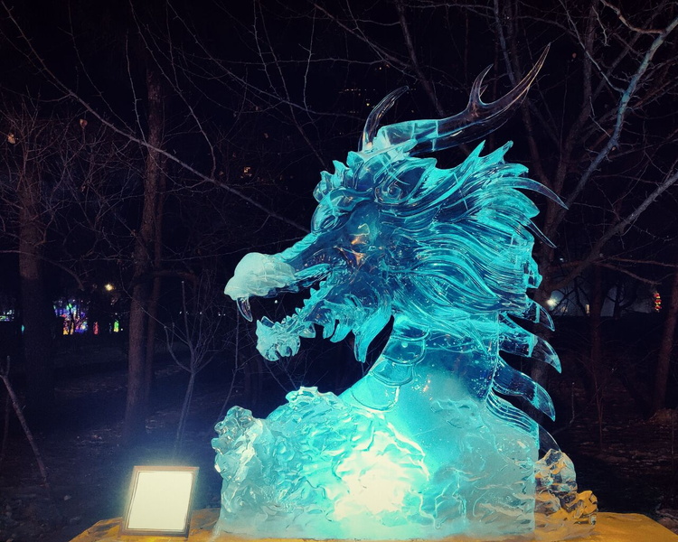 Vibrant Ice Dragon Sculpture at the Harbin Ice Festival
